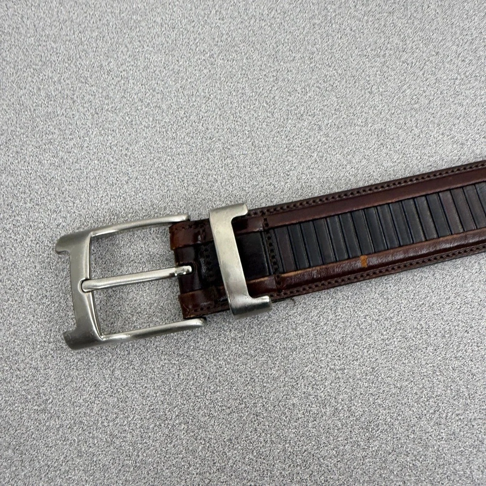Mezlan Belt Mens 34 Brown Leather Dress Striped Texture Silver Buckle 1.25 *FLAW
